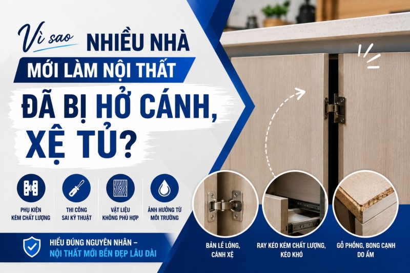 VÌ SAO NHIỀU NHÀ MỚI LÀM NỘI THẤT ĐÃ BỊ HỞ CÁNH, XỆ TỦ?